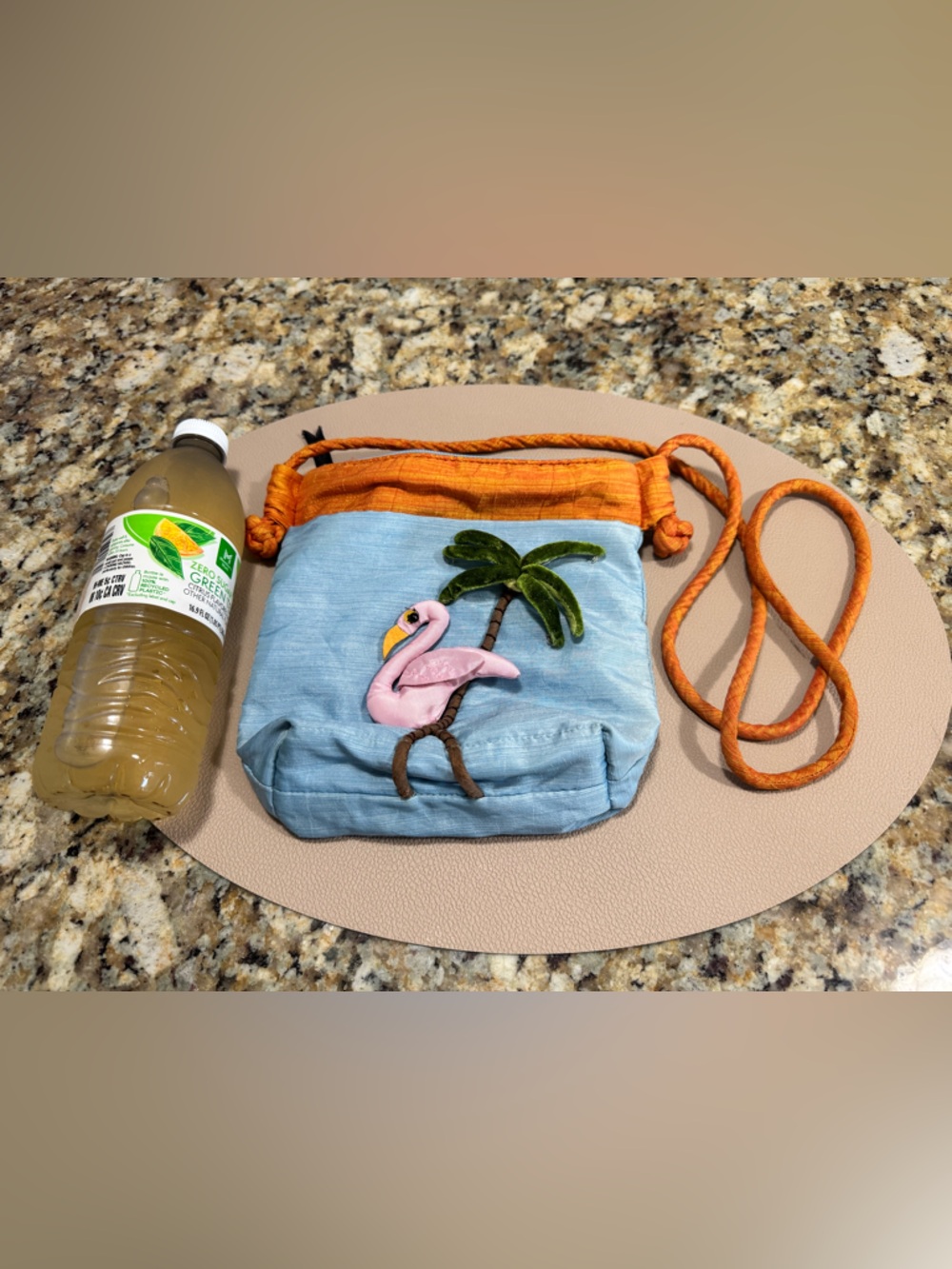 Light Blue Flamingo & Palm Crossbody Bag with Orange Strap